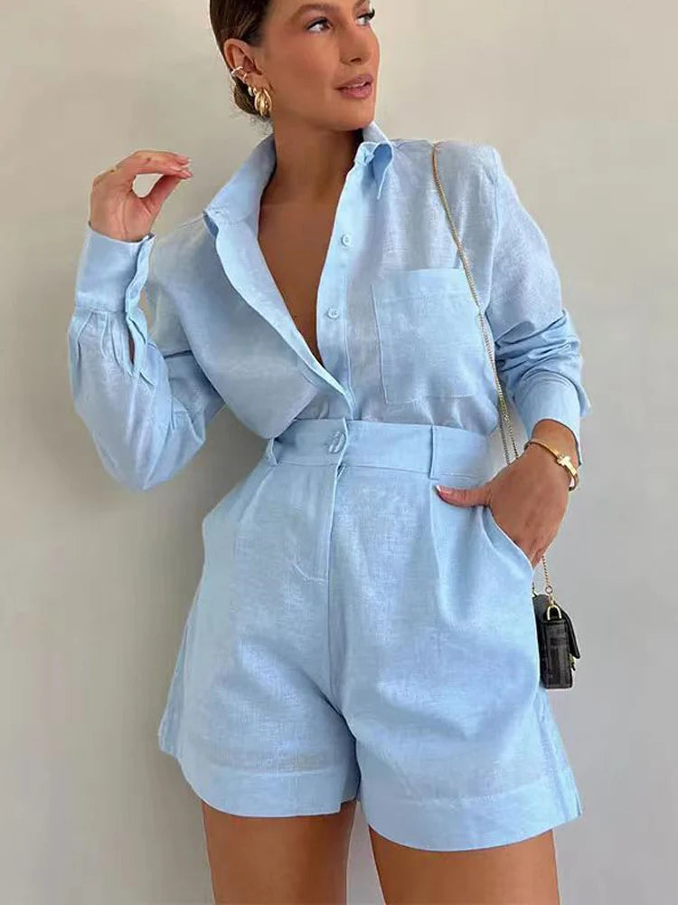 Women Summer Shorts Sets Long Sleeve Blouses with Short Pants 2 Pieces Set Lightweight Shirts Tracksuit Casual Loose Outfits