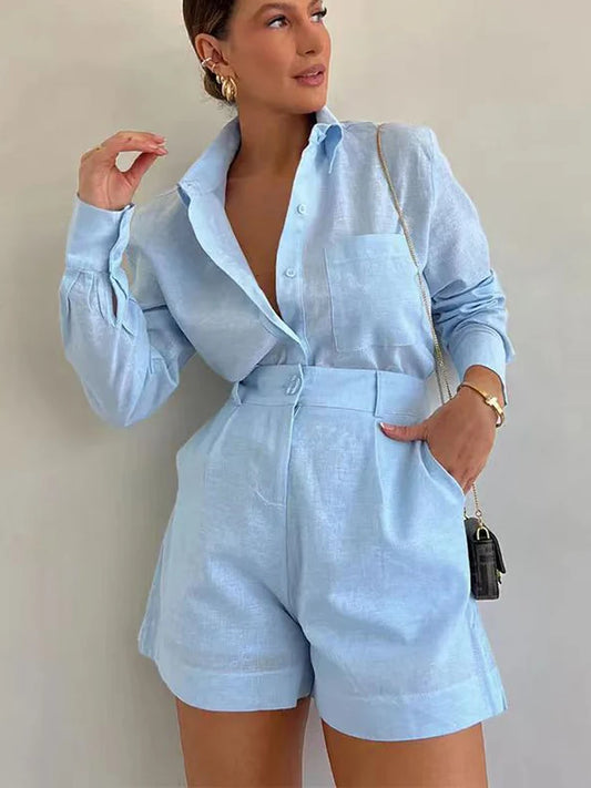 Women Summer Shorts Sets Long Sleeve Blouses with Short Pants 2 Pieces Set Lightweight Shirts Tracksuit Casual Loose Outfits