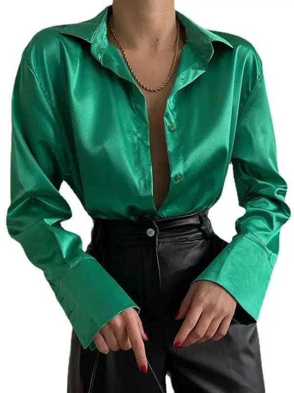 Autumn Shirt Women's Polo Collar Office Lady blouse Vintage Blue Green Shirt Loose Button Up Down Shirts Black Fashion Tops